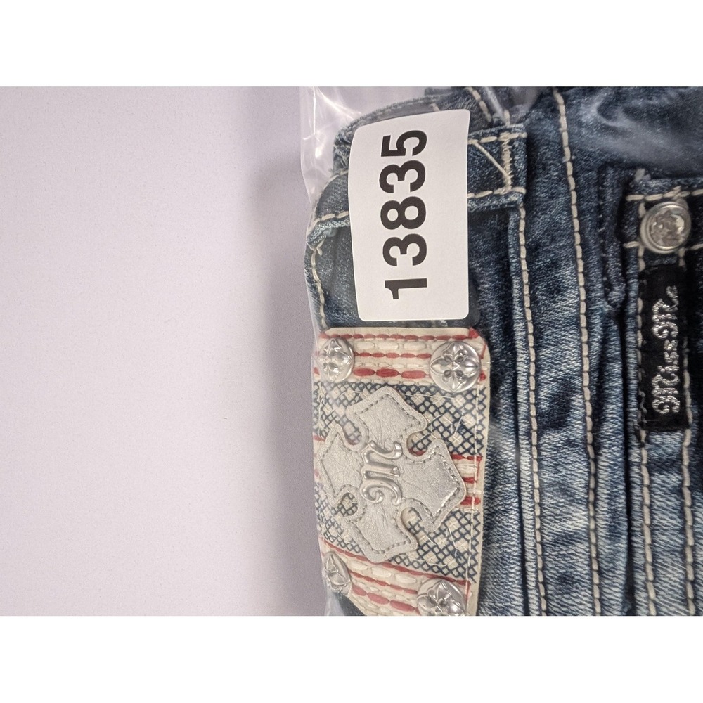 Miss Me Distressed Skinny Jeans in Dark Blue with Red Patch Accents - Picture 16 of 16